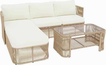 Outdoor Patio Furniture Set, PE Rattan Wicker Conversation Sofa Set with Iron Frame Cushions and Glass Top Coffee Table, Modular Backyard Balcony Seating Set, Dark Beige9