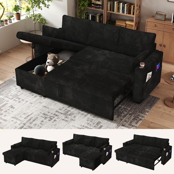 3 in 1 Pull Out Couch, Corduroy L Shaped Couch Sleeper Sofa Bed, Black1