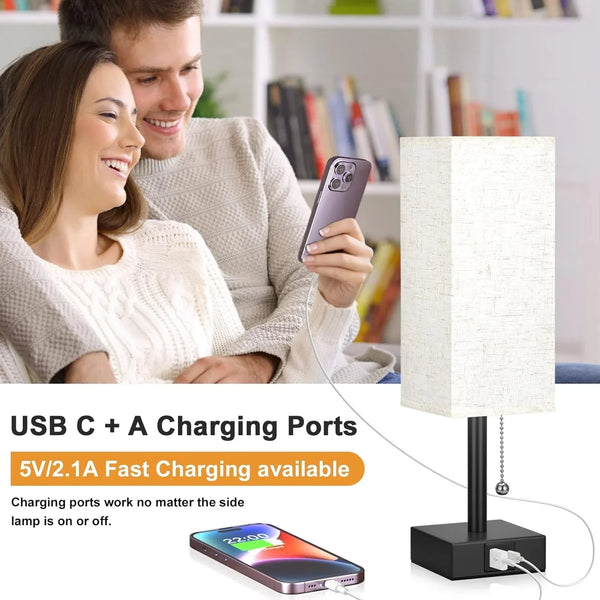 Small Bedside Table Lamp for Bedroom - Desk Lamp for Nightstand, USB C+A | Pull Chain Lamp, 3 Color Modes(3000K/4000K/5000K), E26 LED Bulb Included, Square Beige Fabric Lampshade, for Read, Work, Dorm5