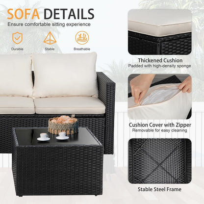 4 Pieces Patio Furniture Set, 2-In-1 Convertible Sectional Sofa & Chaise Lounge, All-Weather Wicker Rattan Sofa Couch with Cushions & Coffee Table for Yard, Garden, Porch, Poolside (Beige)7