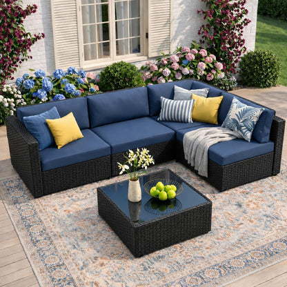 5-Piece Patio Furniture Set, Outdoor Wicker Sectional Sofa with 4-Inch Thick Cushions & Coffee Table, All-Weather PE Rattan Conversation Set for Backyard, Garden, Poolside, Aegean Blue1