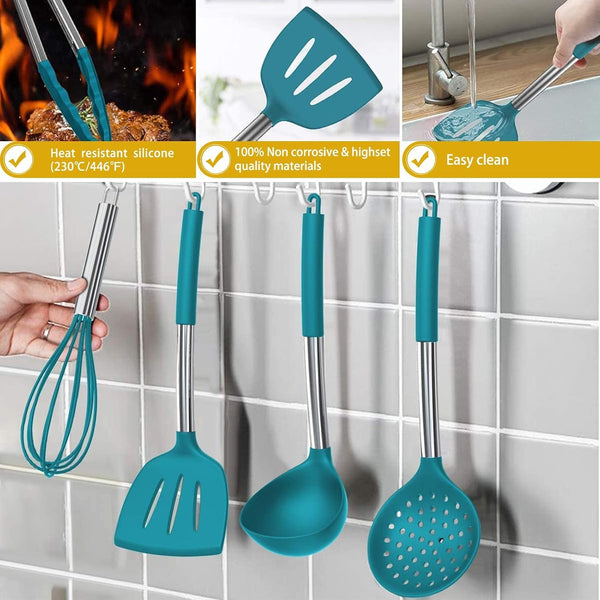 15 Pcs Silicone Cooking Utensils Kitchen Utensil Set -  446°F Heat Resistant Stainless Steel Handles Kitchen Gadgets Tools Set for Nonstick Cookware(Blue)6