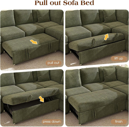 83-Inch 5-Seater Large Sectional Sofa Bed with Storage, Corduroy Reversible Modular Sleeper Sofa with USB Port & 4 Pillows, Convertible L-Shaped Couch for Living Room（Green）7