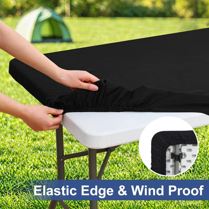 Rectangle Table Cloth Cover 6 Foot Black Elastic Fitted Tablecloth | Water-Resistant Polyester Tablecloth Fits 30" X 72" Folding Tables, Washable Table Protector for Picnic, Camping, Outdoor2