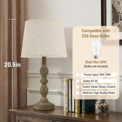 Table Lamps Set of 2, 20.5" Rustic Farmhouse Bedside Lamps with Linen Shade3