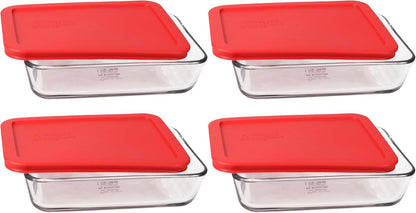 7210 3-Cup Glass Dishes & 7210-PC Red Lids (4-Pack) - Made in USA1