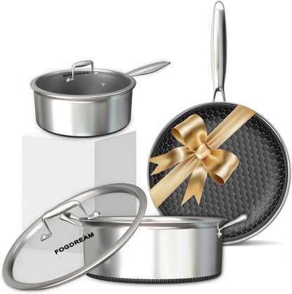 5 Pcs Stainless Steel Cookware Set, 9.5In Non Stick Frying Pan, 5-Quart Soup Pot & 2.3-Quart Sauce Pan with 2 Lids, Stay-Cool Handles, Dishwasher & Oven-Safe, Induction Compatible, Silver1