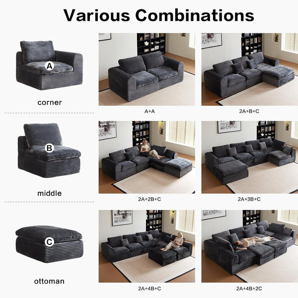 109" L-Shaped Boneless Cloud Couch, Grey Corduroy Sectional Sofa4