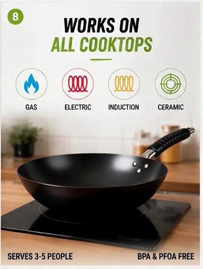 12.5" Carbon Steel Wok – Non-Stick, Pfas-Free Coating, Non-Toxic, Induction-Safe Flat Bottom Stir Fry Pan with Ergonomic Handle8