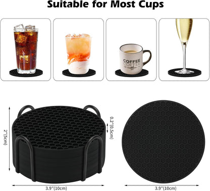 8-Pack Silicone Drink Coasters with Holder, Non-Slip Coaster Set for Coffee Table, Kitchen & Office, Protect Furniture from Water Rings, Heat & Spills, Black2