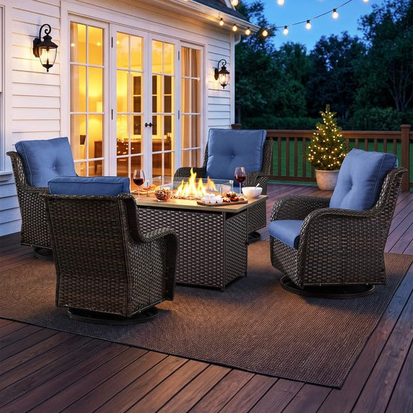 5 Pieces Outdoor Wicker Patio Furniture Set with Fire Pit Blue1