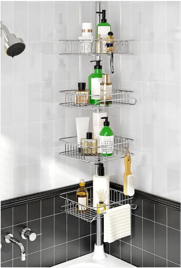 Rustproof Shower Caddy Corner and Shower Organizer Corner for Bathroom,Corner Shower Caddy Tension Pole with 4 Adjustable Baskets for Shower Accessories, 34 to 116 Inch Height, Silver1