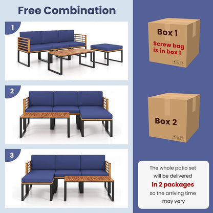 5 Pieces Patio Conversation Set, Acacia Wood Chair Set with Ottoman & Coffee Table, Comfy Seat & Back Cushions, Outdoor Wood Furniture Set for Backyard, Poolside, Garden7