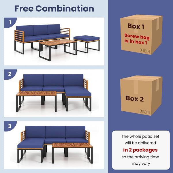 5 Pieces Patio Conversation Set, Acacia Wood Chair Set with Ottoman & Coffee Table, Comfy Seat & Back Cushions, Outdoor Wood Furniture Set for Backyard, Poolside, Garden7