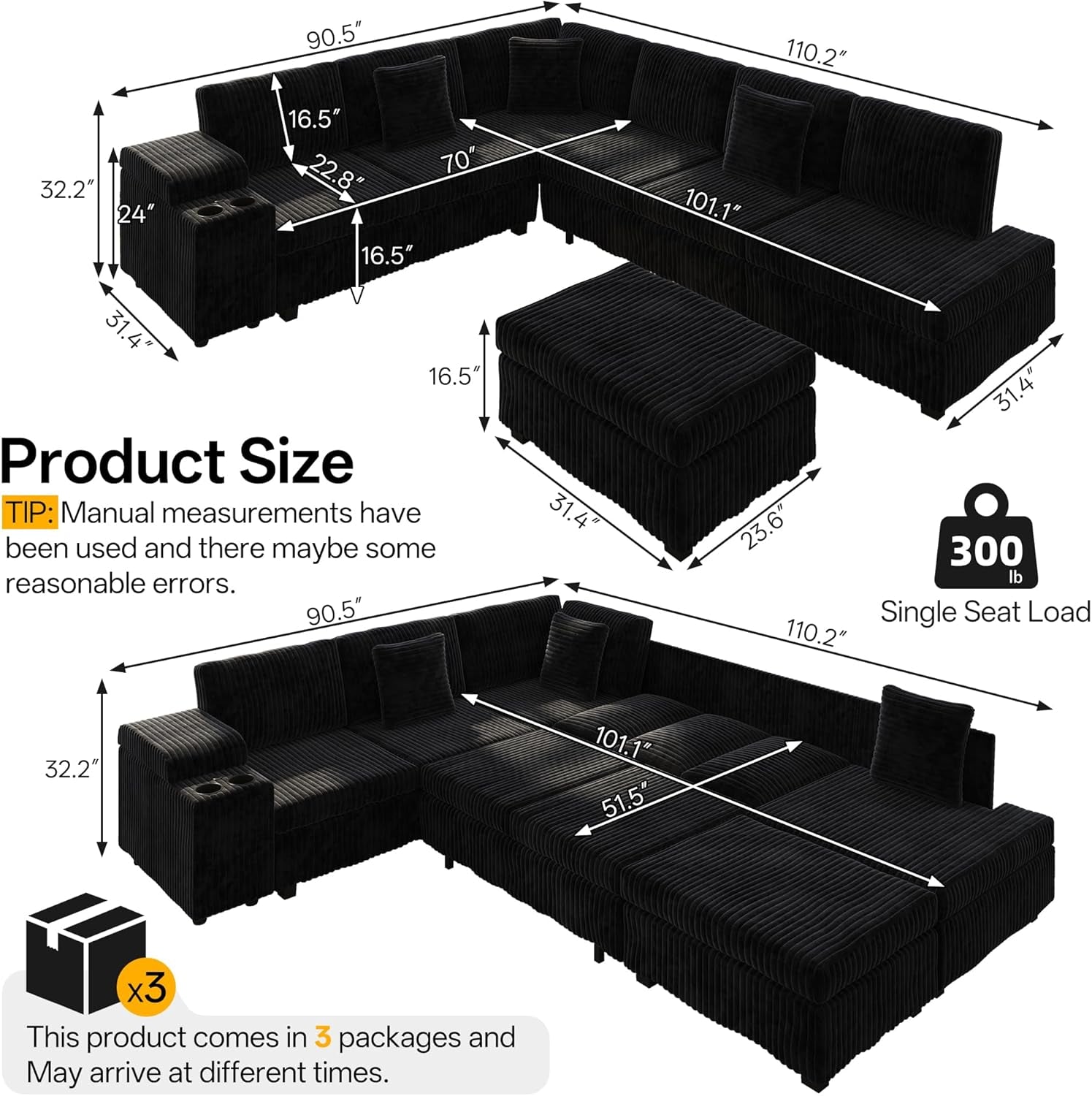 110-l-shaped-oversized-plush-corduroy-modular-sectional-sofa-with-pull-out-bed-convertible-6-seater-sleeper-couch-bed-with-1-ottomans-usb-cup-holders-easy-assembly-for-living-room-black