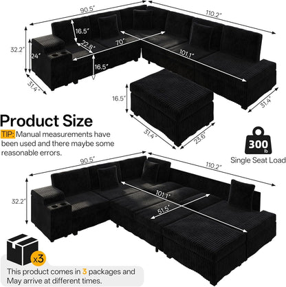 110" L-Shaped Oversized Plush Corduroy Modular Sectional Sofa with Pull-Out Bed, Convertible 6-Seater Sleeper Couch Bed with 1 Ottomans & USB & Cup Holders, Easy Assembly, for Living Room, Black2