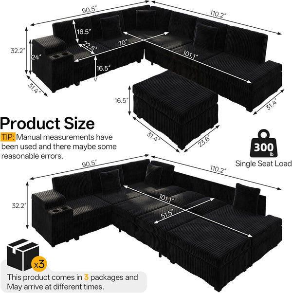 110" L-Shaped Oversized Plush Corduroy Modular Sectional Sofa with Pull-Out Bed, Convertible 6-Seater Sleeper Couch Bed with 1 Ottomans & USB & Cup Holders, Easy Assembly, for Living Room, Black2