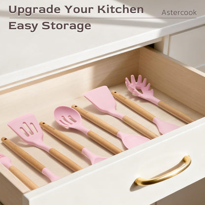 Kitchen Utensils Set, 39 PCS Silicone Cooking Utensils Set with Wooden Handle, 446°F Heat Resistant Food Grade Utensil Sets, BPA Free Kitchen Gadgets Tools Set for Nonstick Cookware (Pink)8