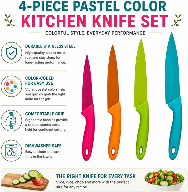 4-Piece Pastel Color Stainless Steel Knife Set | Dishwasher Safe, 4 Sizes Included, Slicing & Dicing, Pink Green Orange Blue, Color-Coded Blades3