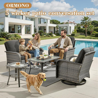 5 Pieces Patio Furniture Set, All Weather Rattan Patio Conversation Sets with Swivel Rocking Chairs, Coffee Table, High Back Outdoor Furniture Loveseat for Porch, Backyard, Black8