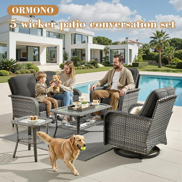 5 Pieces Patio Furniture Set, All Weather Rattan Patio Conversation Sets with Swivel Rocking Chairs, Coffee Table, High Back Outdoor Furniture Loveseat for Porch, Backyard, Black8