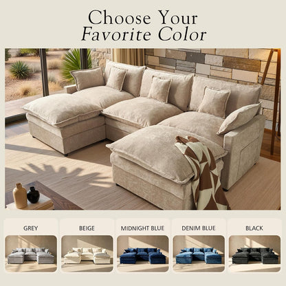 108" U Shaped Modular Sectional Sofa, Deep Seat Cloud Couch with Movable Ottoman, 3-Seater Chenille Comfy Couch for Living Room9