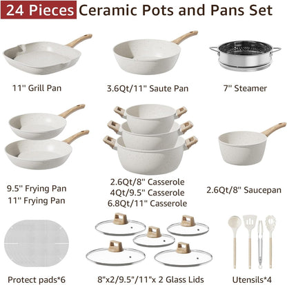 24Pcs Pots and Pans Set Non Stick,Ceramic Cookware Set with Titanium-Reinforced Nonstick Coating,Long-Lasting,Pfas-Free,Induction Compatible,Full Kitchen Set with 3 Stock Pots for Family Cooking7