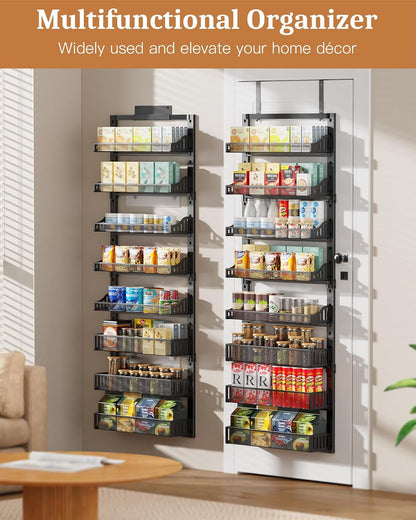 8-Tier over the Door Pantry Organizer, Large Metal Door Spice Rack with Adjustable Basket, 2 in 1 Wall Mount or Hanging Heavy-Duty Pantry Door Storage Shelf for Kitchen and Bathroom, Black2
