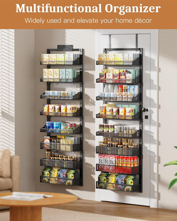 8-Tier over the Door Pantry Organizer, Large Metal Door Spice Rack with Adjustable Basket, 2 in 1 Wall Mount or Hanging Heavy-Duty Pantry Door Storage Shelf for Kitchen and Bathroom, Black2