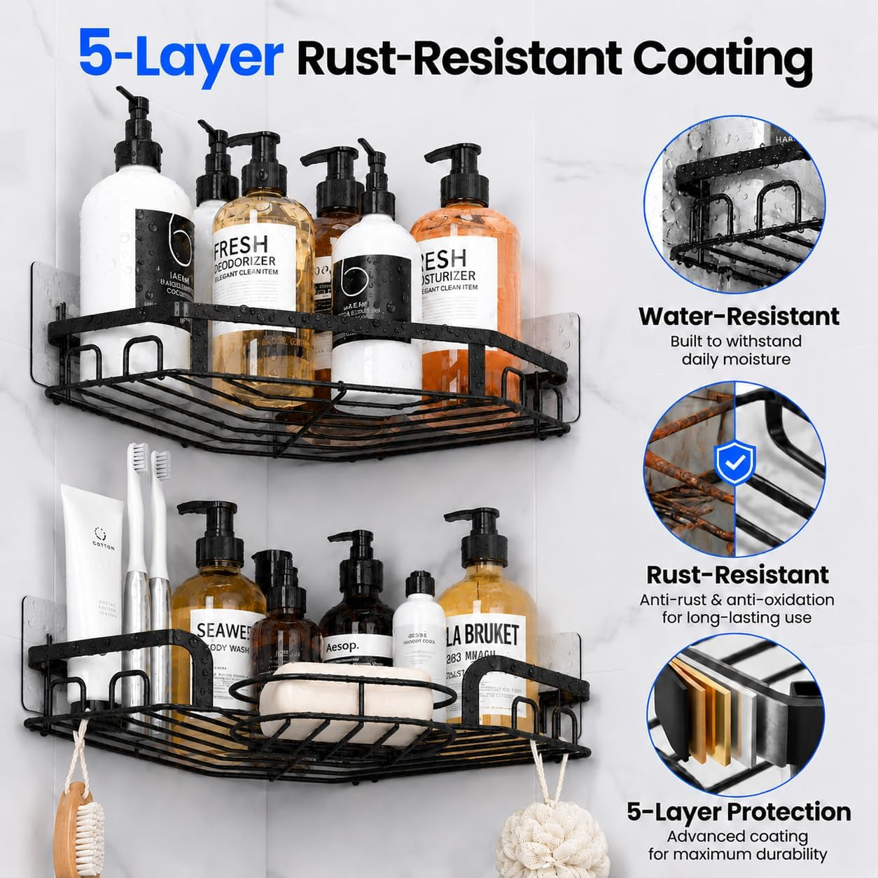corner-shower-caddy-rustproof-shower-organizer-with-soap-holder-and-8-hooks-no-drilling-adhesive-shower-shelves-for-inside-shower-large-capacity-shower-rack-for-bathroom-shower-storage-black