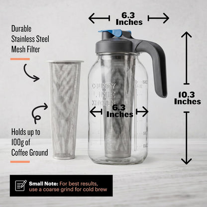 64Oz Cold Brew Coffee Maker with Leak Proof Lid - Gray | Glass Cold Brew Coffee Maker - Wide Mouth Mason Jar, Stainless Steel Filter & Leak-Proof Lid (64 Oz)2