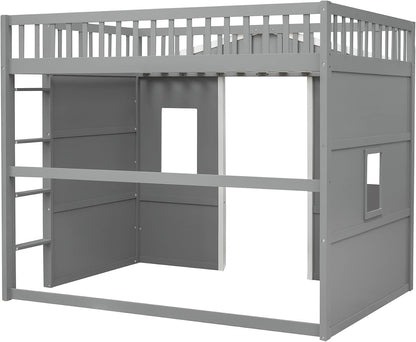 Full Size Wood Loft Bed, House Bed Frame with Ladder and Safety Guardrails for Kids, No Box Spring Needed, Gray+White6