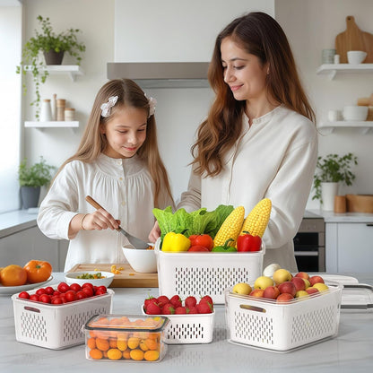 4 PCS Fruit Storage Containers for Fridge, Produce Containers for Fridge with Removable Colander, All-In-One Fruit Washing Bowl with Strainer Microwave/Dishwasher Safe for Salad Berry Lettuce Keeper5