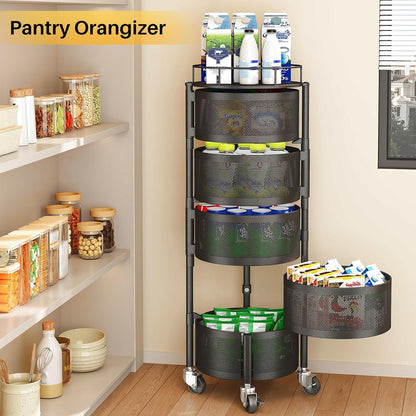 5-Tier Fruit and Vegetable Basket Bowls for Kitchen, Rotating, Black | Metal Top Lid, Rolling Storage Rack Cart for Potato, Onion &Fruit, Large Wire Basket Organizer for Kitchen Counter, Pantry5