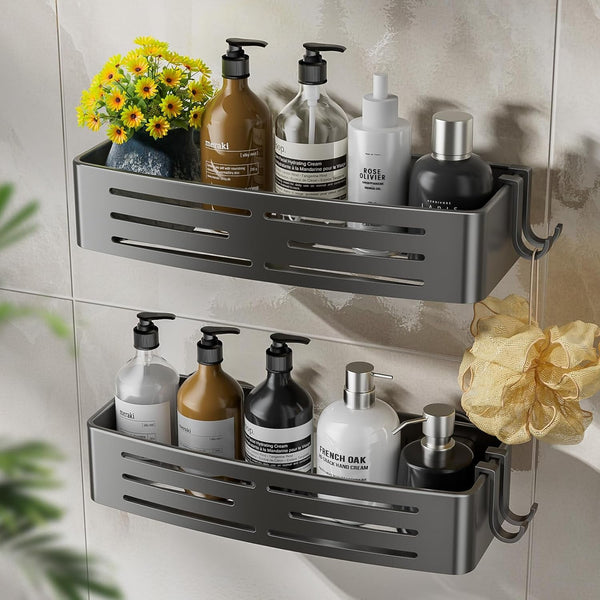 Shower Caddy Suction Cup,2 Pack Shower Shelves with Hooks No Drilling Removable,Large Capacity Bathroom Organizers and Storage,Waterproof Rustproof Shower Bathroom Accessories Decor(Gray)1