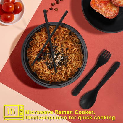 Ramen Bowl Set, Ramen Cooker 33 Oz, Ramen Bowls with Chopsticks and Spoon, Microwave Pasta Cooker, College Dorm Essentials for Girls Guys (Black)6