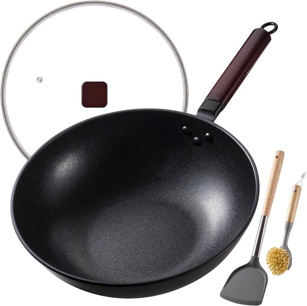 Carbon Steel Wok, 13" Woks & Stir-Fry Pans Nonstick with Glass Lid | Pre-Seasoned Flat Bottom Chinese Wok, Wok Pan with Spatula and Dish Brush for Induction, Electric, Gas, All Stoves1