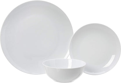 Table set for six using white porcelain dinner plates, salad plates and bowls.