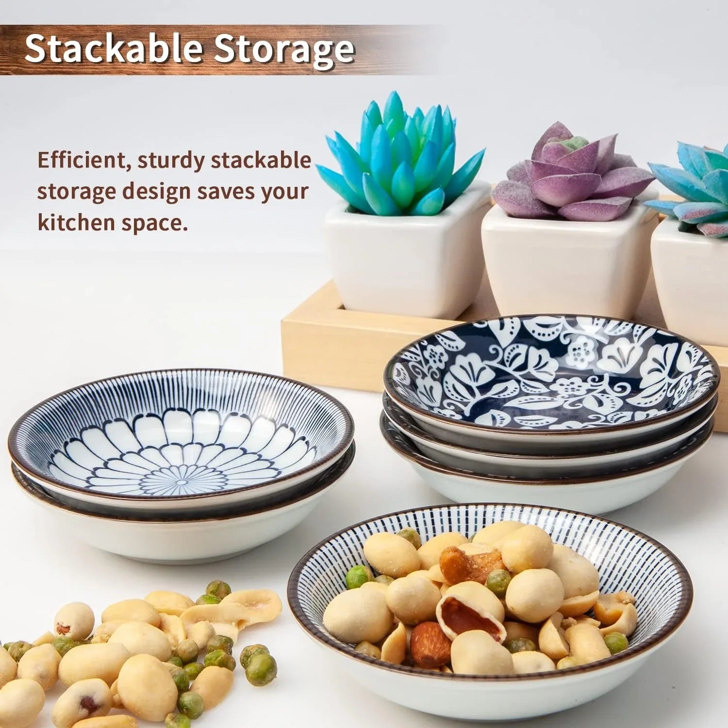 Set of six 3 oz vintage blue ceramic dipping bowls with soy sauce, stacked and arranged with snacks