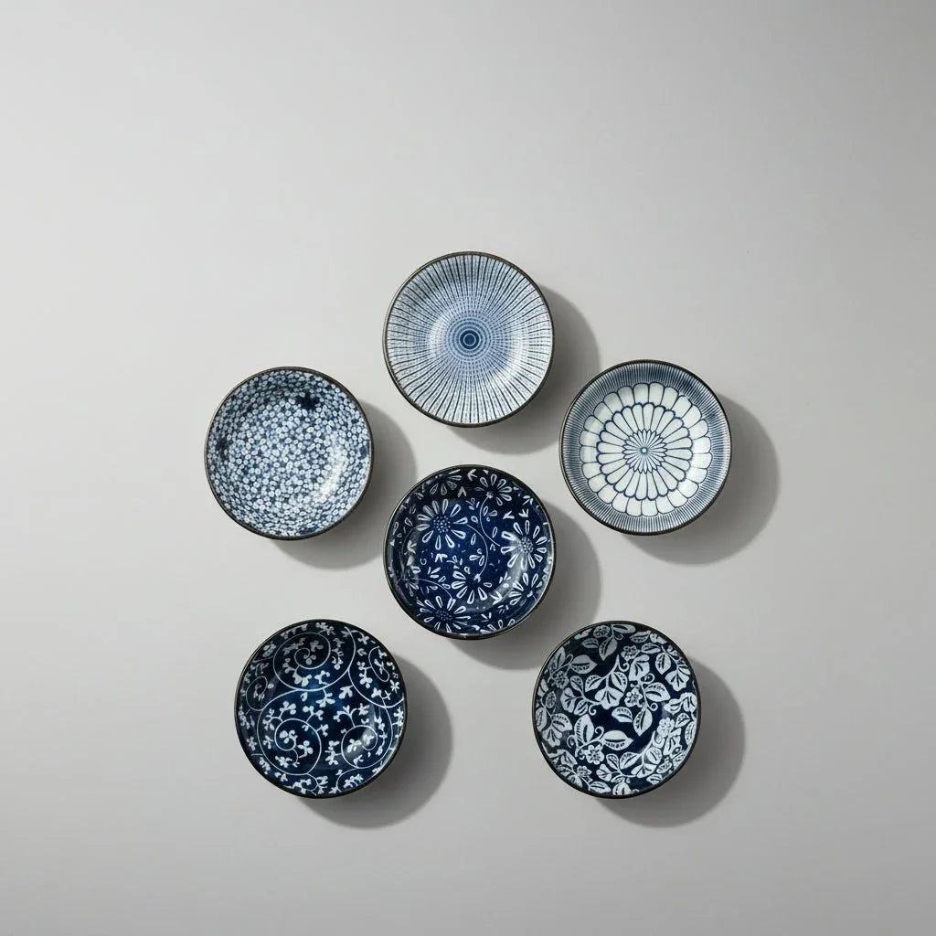 Set of six vintage blue ceramic dipping bowls with unique floral and geometric patterns on white background