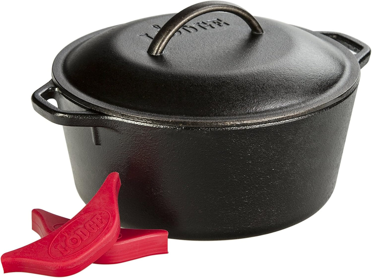 Cast iron double Dutch oven lifted by its dual loop handles with oven mitts.