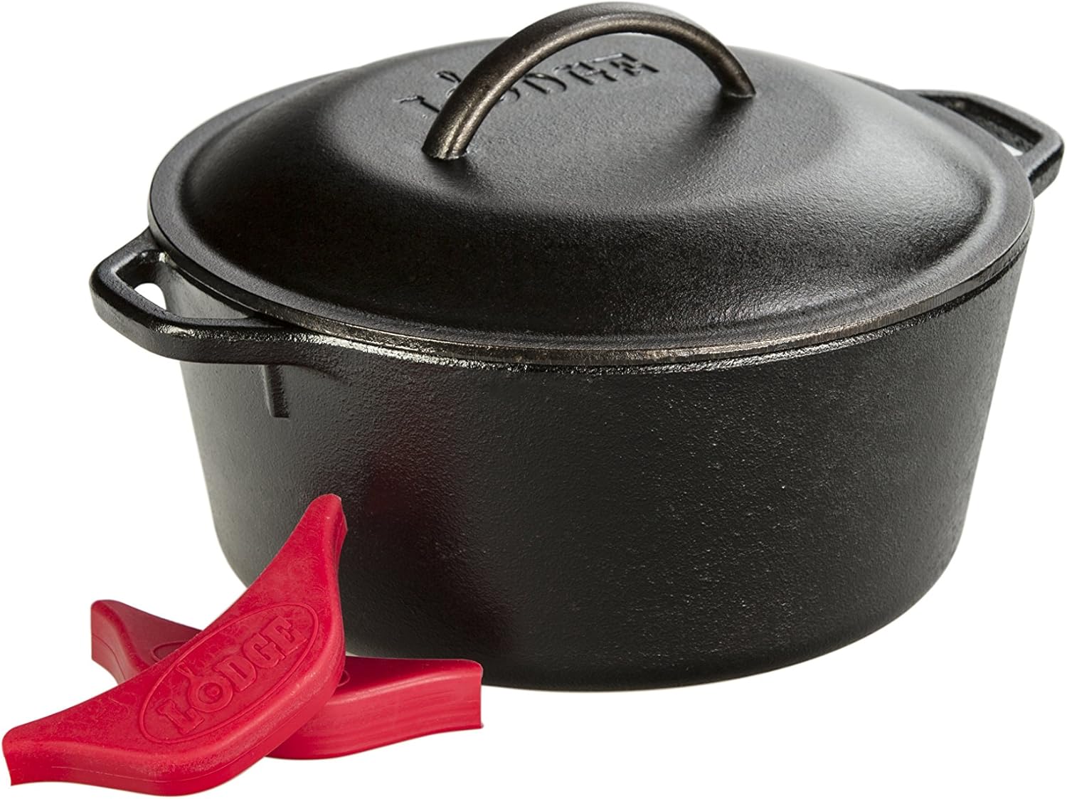 Cast iron double Dutch oven lifted by its dual loop handles with oven mitts.