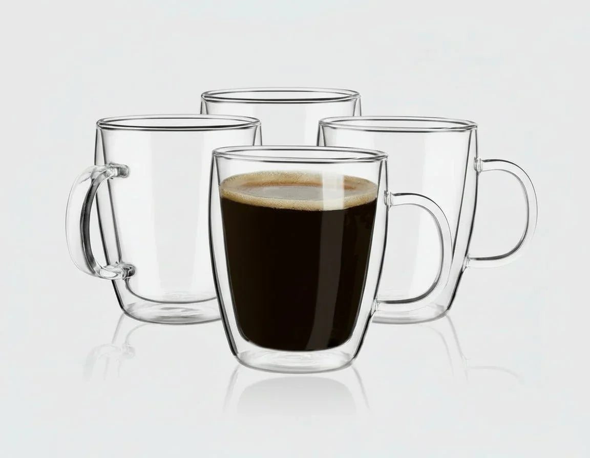 Set of four clear double wall glass coffee mugs, one filled with black coffee, on white background