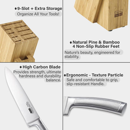Classic Bamboo Kitchen Cutlery Block Set with Knifes, Stainless Steel Forge High Carbon German Blade with Expandable Bamboo Storage Block for Extra Slots, 6-Piece3