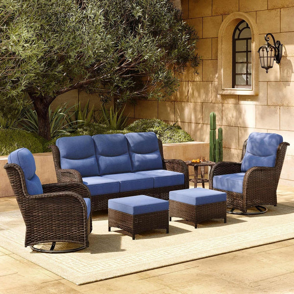 6-Piece Luxury Patio Furniture Set with 6" Thick Cushions, Weather-Resistant Wicker High Back Swivel Rocker Chairs, Senior-Friendly Outdoor Sofa Set for Large Deck, Yard and Poolside, Blue(V2)1