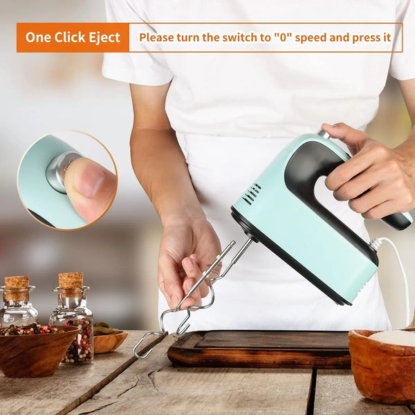 9-Speed Digital Hand Mixer Electric, 400W Powerful DC Motor, Hand Mixer Electric Handheld with Snap-On Storage Case, 5 Stainless Steel Accessories, Beaters, Dough Hooks, Whisk(Ice Blue/Black)6
