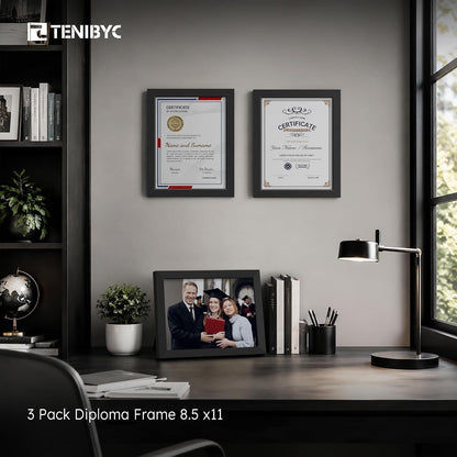 8.5 by 11 Picture Frame 3 Pack, Black Wood, Real Glass, for Photo2