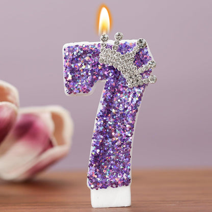 Birthday Number Candles,Purple Crown Birthday Candles for Cake,Glitter Number 7 Candle Cake Topper with Sequins for Anniversary Celebrations Supplies (Number 7)2