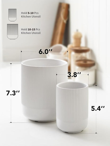 Utensil Holder for Kitchen Counter, 7.3"+5.4" Fluted Ceramic Utensil Crock Organizer for Countertop, Heavy Large Holder for Spatulas, Spoons, Set of 2, White, Kitchen Counter Decor6