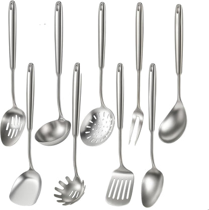 Newness 9 Pcs Cooking Utensils Set, 304 Stainless Steel Kitchen Utensils Set, Metal Kitchen Accessories, Include Soup Ladle, Slotted Skimmer Spoon, Spaghetti Spoon and Spatula, Dishwasher Safe1